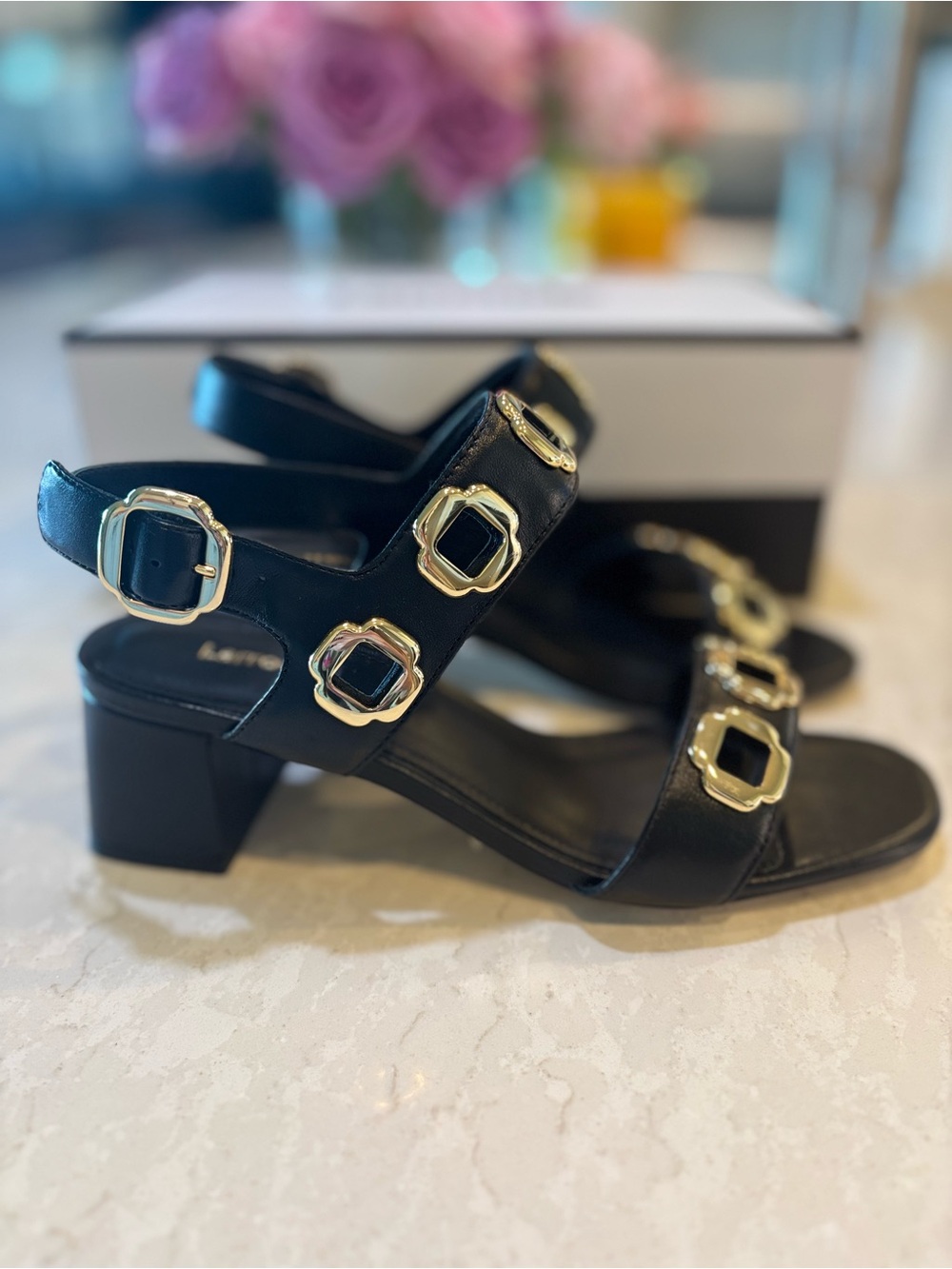 Larroude Milan Sandal In Black Leather with Gold Hardware - Picture 11 of 12
